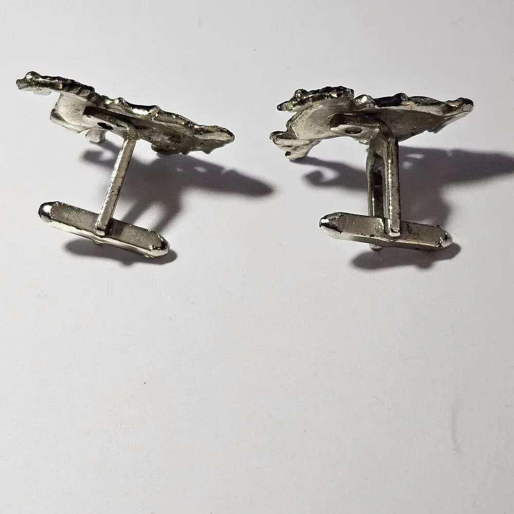 Silver Tone With Black Saddled Horse Vintage Cufflinks